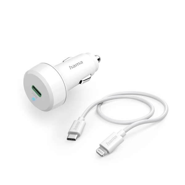 Hama Cargador de Coche 20W - Cable Lightning de 1m - Pantalla LED - Power Delivery - Color Blanco