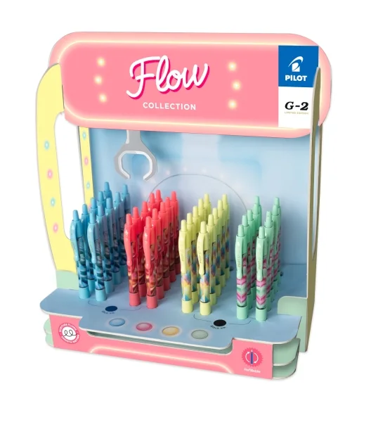 Pilot G-2 Flow Expositor con 48 Boligrafos Tinta de Gel Retractiles - Punta 0.7mm - Trazo 0.32mm - Recargable - Grip Ergonomico - Colores Surtidos