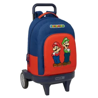 Safta Super Mario Mamma Mia Mochila con Carro - 33L - Ruedas Antivibracion - Bolsillo Frontal - PVC - Hombreras Acolchadas - Extraible - Portabotellas - 330x220x450mm - Color Rojo y Azul