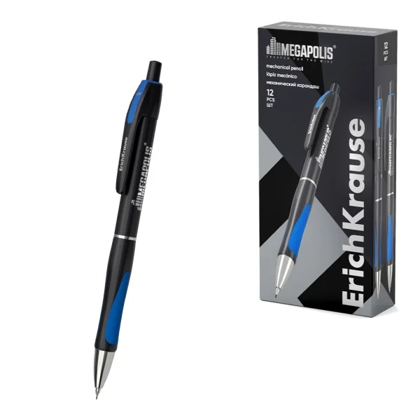 ErichKrause MEGAPOLIS Concept Portaminas - Mina HB de 0.9mm - Agarre de Goma - Pinza - Cuerpo Redondo - Ergonomico - Color Negro · Pack de 12 uds.