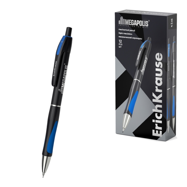 ErichKrause MEGAPOLIS Concept Portaminas - Mina HB de 0.9mm - Agarre de Goma - Pinza - Cuerpo Redondo - Ergonomico - Color Negro · Pack de 12 uds.