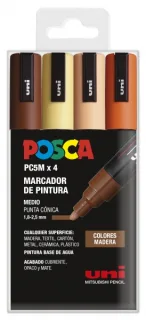 Posca PC-5M Estuche de 4 Marcadores de Pintura - Punta de Bala 1.8-2.5mm - Tinta Base al Agua - Resistente a la Luz - No Permanente - Colores Madera Surtido