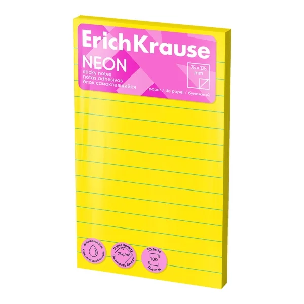 ErichKrause Neon Bloc de 100 Notas Adhesivas Reposicionables - Papel de 75g/m2 - 75x125mm - Pegamento a Base de Agua - Colores Surtidos · Pack de 12 uds.