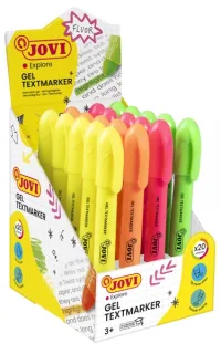 Jovi Gel Textmarker Expositor con 20 Marcadores de Texto - Colores Fluorescentes - No Necesitan Punta - Deslizamiento Suave - No Traspasan - Secado Rapido - Aptos para Luz Negra - Color Surt