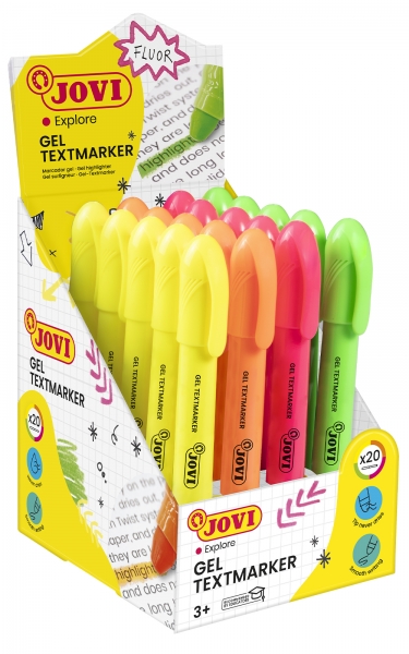 Jovi Gel Textmarker Expositor con 20 Marcadores de Texto - Colores Fluorescentes - No Necesitan Punta - Deslizamiento Suave - No Traspasan - Secado Rapido - Aptos para Luz Negra - Color Surt