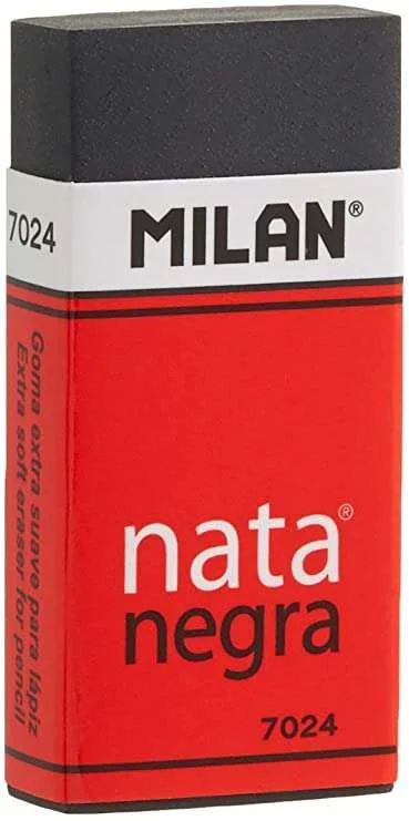 Milan Nata 7024 Goma de Borrar Rectangular - Plastico - Faja de Carton Roja - Envuelta Individualmente - Extra Suave - Color Negro · Pack de 24 uds.