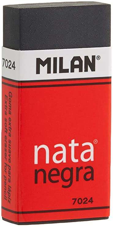 Milan Nata 7024 Goma de Borrar Rectangular - Plastico - Faja de Carton Roja - Envuelta Individualmente - Extra Suave - Color Negro · Pack de 24 uds.