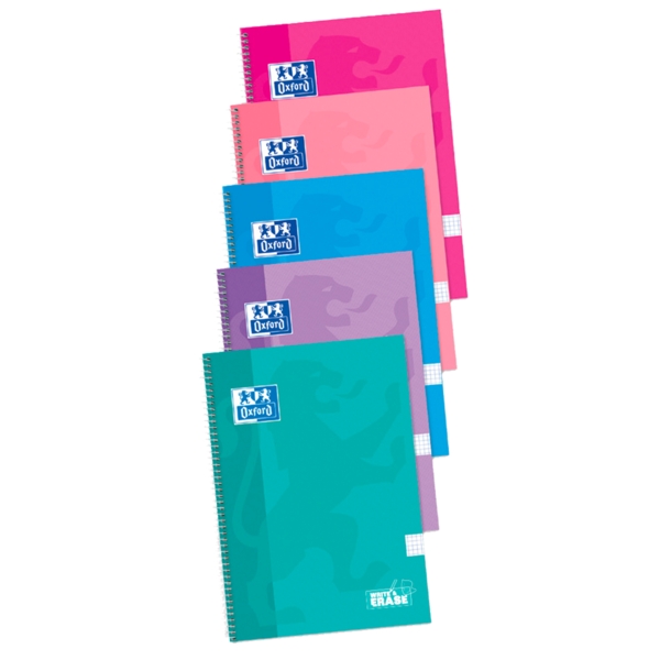 Oxford School Write&Erase Cuaderno Espiral 80 Hojas Cuadricula 4x4 con Margen - Tapa Extradura - Colores Surtidos · Pack de 5 uds.