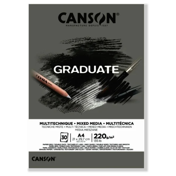 Canson Graduate Mix Media Bloc Encolado de 30 Hojas A4 - 220g - Grano Fino - Color Gris