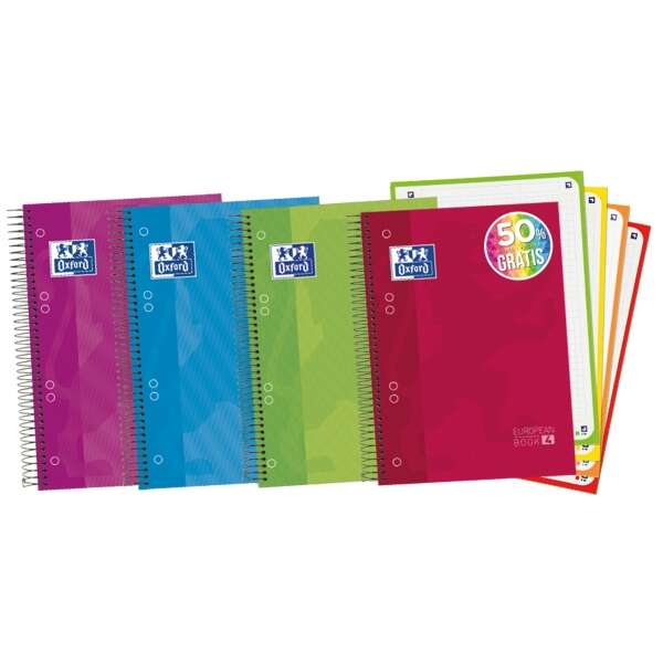 Oxford Europeanbook 4 Cuaderno Espiral Formato A5+ Cuadriculado 5x5mm - 120 Hojas 90gr - Tapa Extradura acabado Brillante - 4 Bandas de Color - Colores Surtidos · Pack de 5 uds.