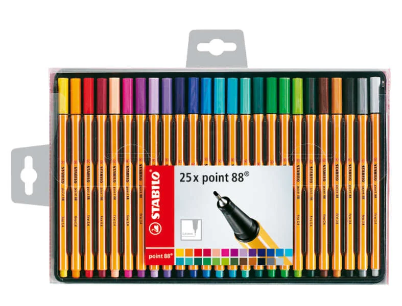 Stabilo Point 88 Pack de 25 Rotuladores de Punta Fina de Fibra - Trazo de 0.4 mm - Tinta con Base de Agua - Colores Surtidos