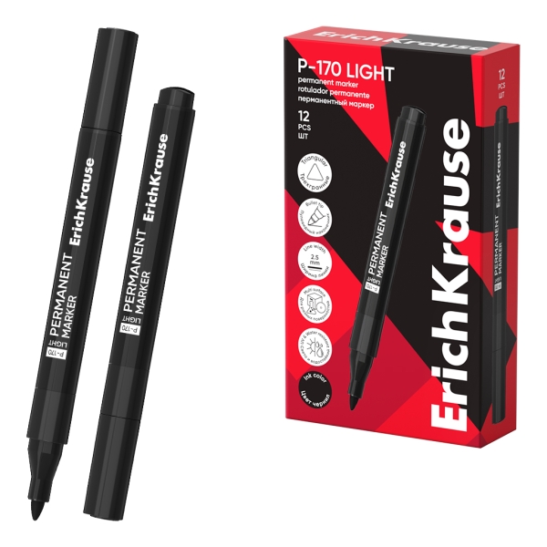 ErichKrause P-170 light Rotulador Permanente - Punta Conica - Trazo de 2.5mm - Resistente al Agua y a la Luz - Multisuperficie - Cuerpo Triangular - Secado Rapido - Color Negro · Pack de 12