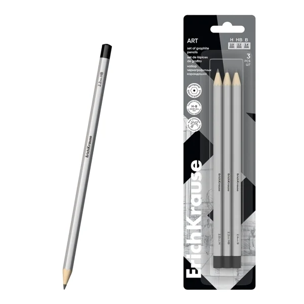 ErichKrause Art Pack de 3 Lapices de Grafito - Durezas Surtidas H, HB y B - Cuerpo Hexagonal - Mina Resistente - Color Plata