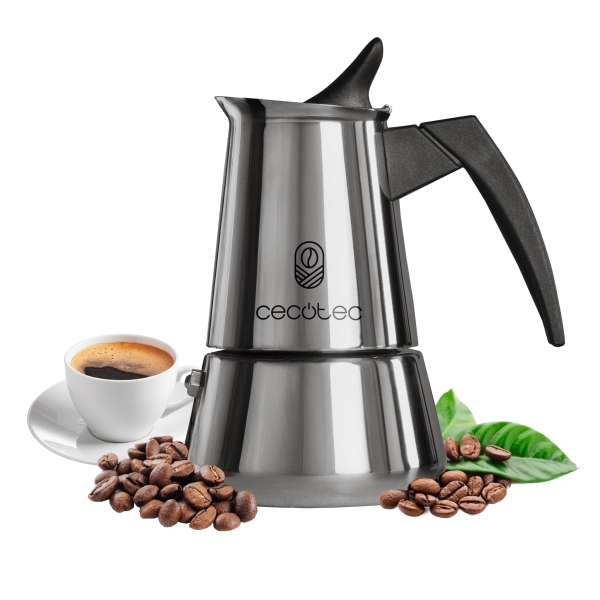 Cecotec Piccolina 400 Cafetera Italiana para 4 Tazas - Acero Inoxidable - Compatible con Induccion - Apta para Gas, Electrica y Vitro - Junta de Silicona - Mango Ergonomico - Valvula de Segu