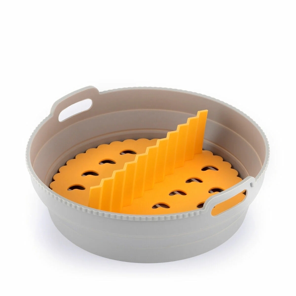 Innovagoods Fliynner Cesta de Silicona para Freidora de Aire - Antiadherente - Plegable - Apto Lavavajillas - Multifuncion - Libre de BPA - 21.5x7cm - Color Gris y Naranja
