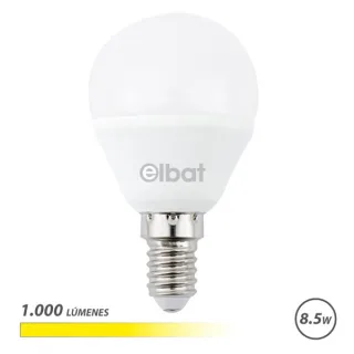 Elbat G45 Bombilla LED - Potencia 8.5W - Flujo Luminoso 1000lm - E14 - Temperatura de Color 3000K - Luz Calida - Apertura 180º - Vida Util 30.000h - 15.000 Encendidos - 45x78mm - Color Blanc
