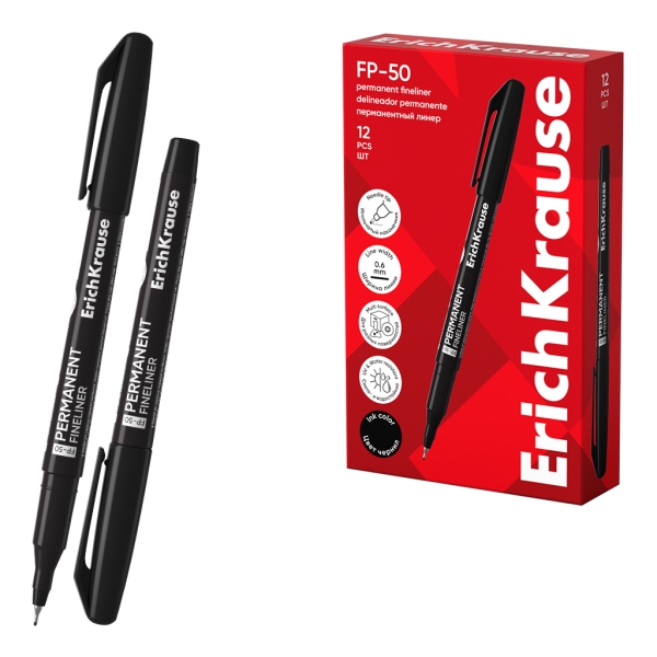 Erichkrause FP-50 Marcador Permanente - Punta Fina de 0.6mm - Resistente a la Luz y al Agua - Color Negro · Pack de 12 uds.