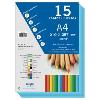 Dohe Pack de 15 Cartulinas A4 de 180gr - Con PH Neutro - Libres de Cloro Elemental - Color Azul Oceano