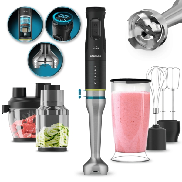 Cecotec Katana 15 TotalDestroy Full B Screen Batidora de Mano - 1500W - Vaso de 0.8L - Accesorios Multifuncion - Campana Antisalpicadura - 4 Hojas Recubiertas de Titanio - Color Negro y Plat