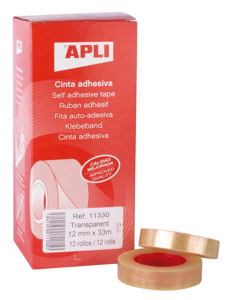 Apli Cinta Adhesiva Transparente 12mm x 33m - Resistente al Agua y a la Intemperie - Facil de Cortar y Aplicar - Ideal para Manualidades y Embalaje Transparente · Pack de 12 uds.