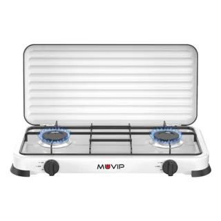 Muvip Vulcano Cocina de Gas con 2 Fuegos - Tapa Protectora - Patas de Goma - Superficie Esmaltada - Quemador Extraible - 57.7x27.8x5.3cm - Color Blanco
