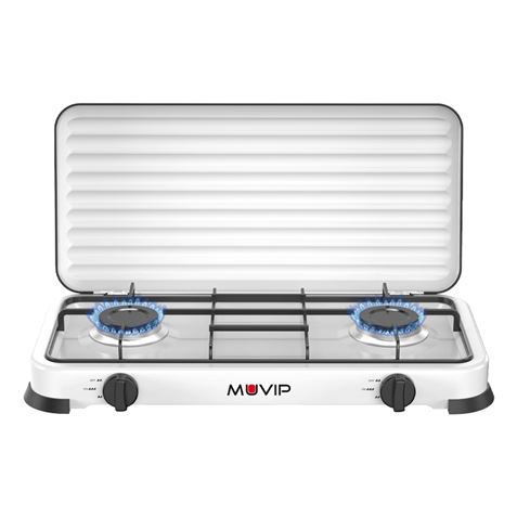 Muvip Vulcano Cocina de Gas con 2 Fuegos - Tapa Protectora - Patas de Goma - Superficie Esmaltada - Quemador Extraible - 57.7x27.8x5.3cm - Color Blanco