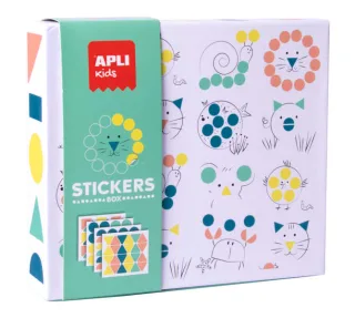 Apli Kids Juego de Gomets Animales - 8 Laminas Ilustradas de 200G - 8 Hojas de Gomets Removibles Geometricos - Libro Guia con Ejemplos - Alto Valor Didactico - Caja de Carton con Diseño Excl