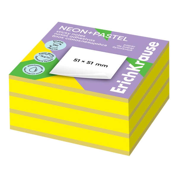ErichKrause Neon+Pastel Bloc de 250 Notas Adhesivas Reposicionables - Papel de 75g/m2 - 51X51mm - Pegamento a Base de Agua - Colores Surtidos · Pack de 12 uds.