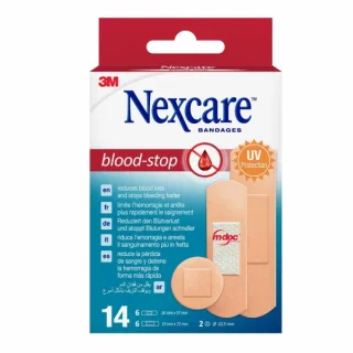 Nexcare Blood-Stop Pack de 14 Apositos Surtidos - Resistente al Agua - Mayor Rapidez Deteniendo Hemorragias - Color Piel