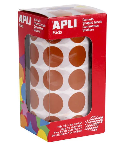 Apli Rollo de 1.770 Gomets Redondos Ø 20mm - 59 Hojas Pretroqueladas - Adhesivo Base Agua - Normas EN-71 y Cadena de Custodia FSC - Color Marron