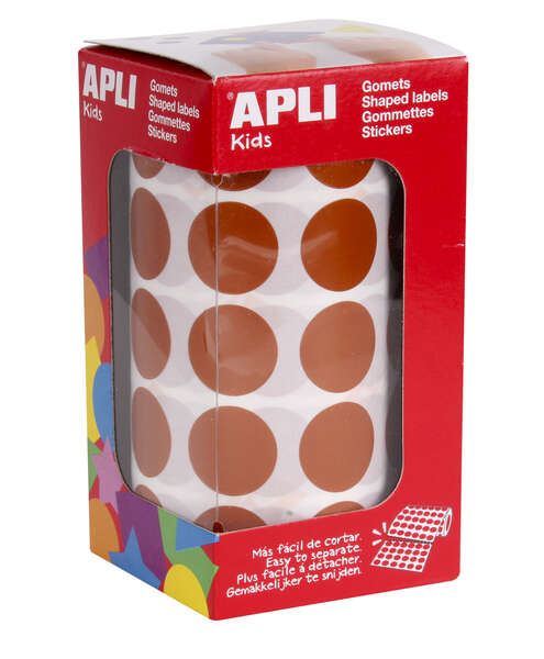 Apli Rollo de 1.770 Gomets Redondos Ø 20mm - 59 Hojas Pretroqueladas - Adhesivo Base Agua - Normas EN-71 y Cadena de Custodia FSC - Color Marron