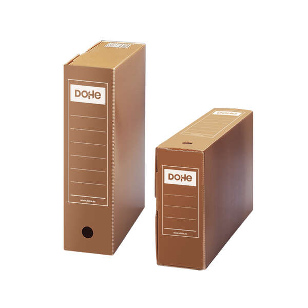 Dohe Caja de Archivo Definitivo Polipropileno Acanalado Lomo 100mm - Tamaño Folio - Utilizable en Horizontal y Vertical - Facil Montaje - Color Marron · Pack de 50 uds.