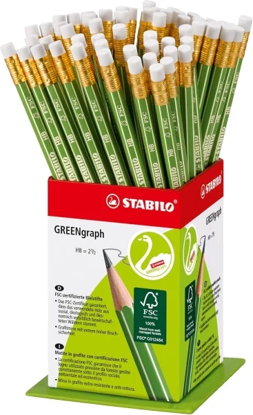 Stabilo GREENgraph Expositor con 60 Lapices de Grafito con Goma - Mina HB 2.2mm - 100% Madera Cultivada de Forma Sostenible - Cuerpo de Color Verde