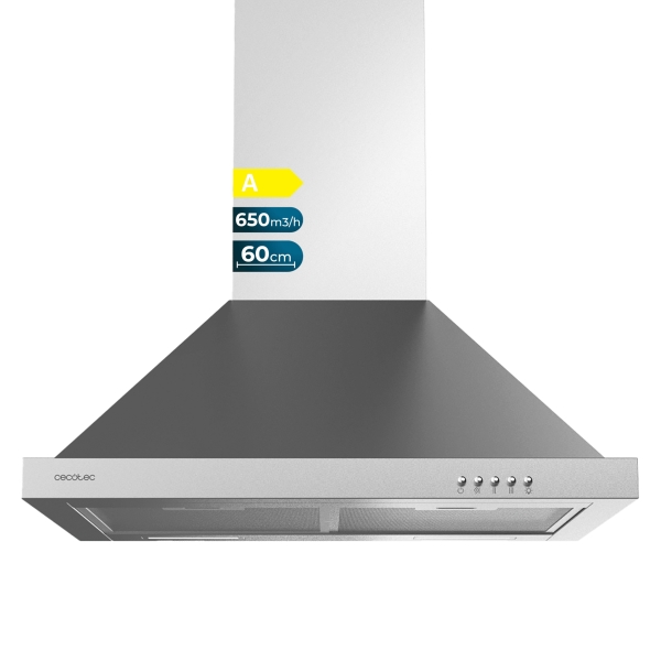 Cecotec Bolero Flux PM 606500 Inox A Campana Extractora de 60cm - 165W - Succion 650m3/h - Luz LED - Incluye Accesorios - Acero Inoxidable - Kit de Montaje - Filtros de Carbono Incluidos - C