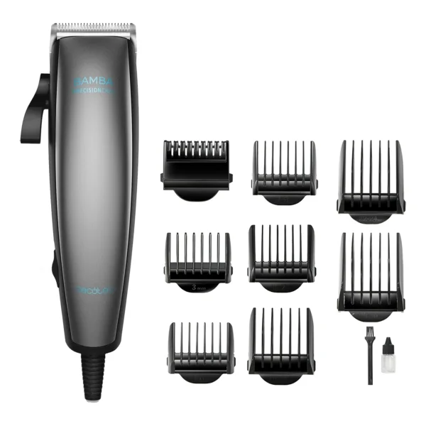 Cecotec Bamba PrecisionCare Power Blade Titanium Cortapelos con Cable - Cuchillas de Titanio - Uso en Seco y Humedo - 9 Peines Guia - Palanca de Ajuste Regulable - Lubricante - Color Gris