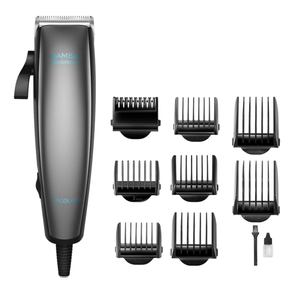Cecotec Bamba PrecisionCare Power Blade Titanium Cortapelos con Cable - Cuchillas de Titanio - Uso en Seco y Humedo - 9 Peines Guia - Palanca de Ajuste Regulable - Lubricante - Color Gris