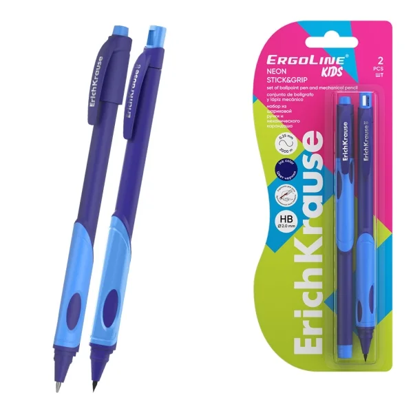 ErichKrause Pack de Boligrafo Retractil y Portaminas - Punta de 0.5mm - Mina de 2mm HB - Zona de Agarre Triangular - Capuchon Ventilado - Color Azul
