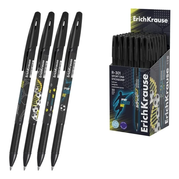 ErichKrause R-301 Stick and Grip Sport DNA Boligrafo con Capuchon - Modelos Surtidos - Trazo 0.35mm - Zona de Agarre de Goma - Tinta de Secado Rapido - Tapa Ventilada - Color Azul · Pack de 50 uds.