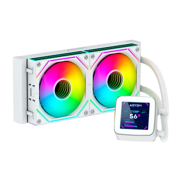 Abysm Oceanic LCD 240 ARGB Kit de Refrigeracion Liquida - 2 Ventiladores de 120mm - Iluminacion ARGB - Pantalla LCD 2.8" - Bomba 2500rpm - Tubos de 350mm - Color Blanco - Formato Bulk · Pack