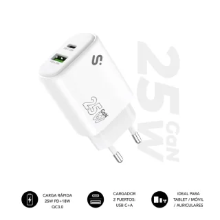 Subblim Cargador de Pared GaN 25W - USB-C + USB-A - Carga rápida - Color Blanco