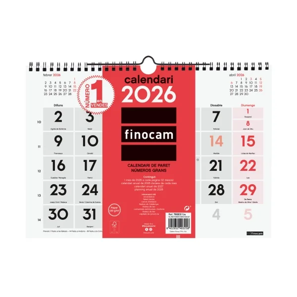 Finocam Calendario de Pared en Catalan - Anual 2026 - Formato M - 300x5x220mm - Numeros Grandes - Color Blanco y Rojo