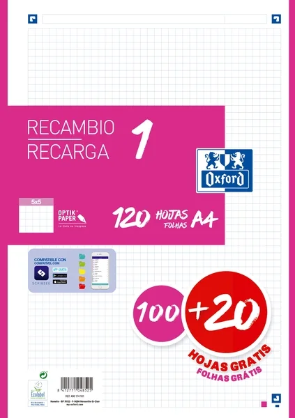 Oxford School Recambio A4 120 Hojas Cuadricula 5x5mm - 4 Taladros - Banda de Color Fucsia