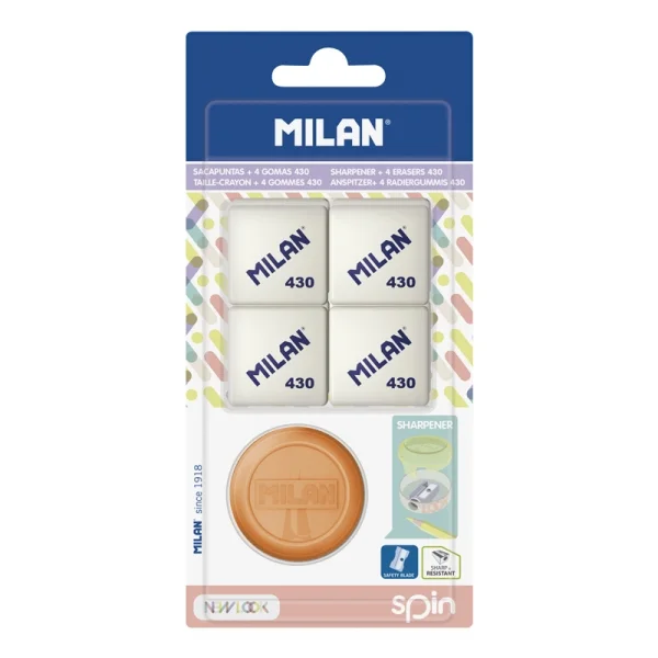 Milan Spin New Look Pack de Sacapuntas + 4 Gomas 430 - Colores Surtidos