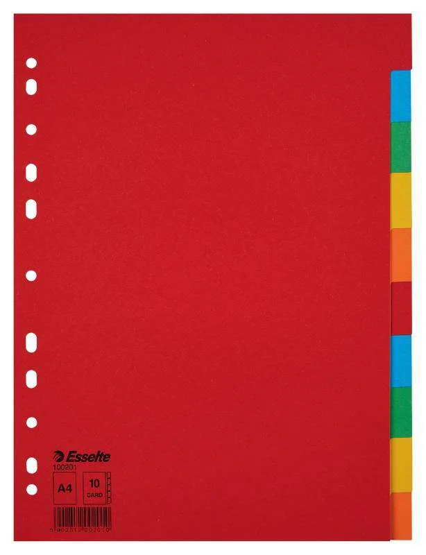 Esselte Separadores Carton A4 Multitaladro 150gr - 10 Pestañas 5 Colores - Presentacion en Bolsa Individual