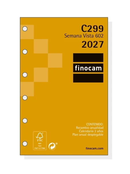 Finocam C299 Recambio para Agenda Classic - Anual 2027 - Semana Vista Horizontal - Formato 602 - 73x114mm - 6 Taladros - Papel de 80g/m2 - Esquinas Microperforadas - Color Blanco