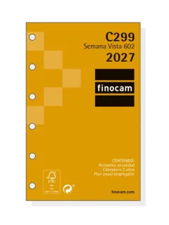 Finocam C299 Recambio para Agenda Classic - Anual 2027 - Semana Vista Horizontal - Formato 602 - 73x114mm - 6 Taladros - Papel de 80g/m2 - Esquinas Microperforadas - Color Blanco