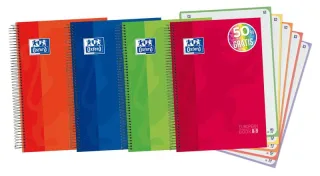 Oxford Europeanbook 5 Cuaderno Espiral Formato A4+ Cuadriculado 5x5mm - 120 Hojas - Tapa Extradura acabado Brillante - 5 Bandas de Color - Colores Surtidos · Pack de 5 uds.