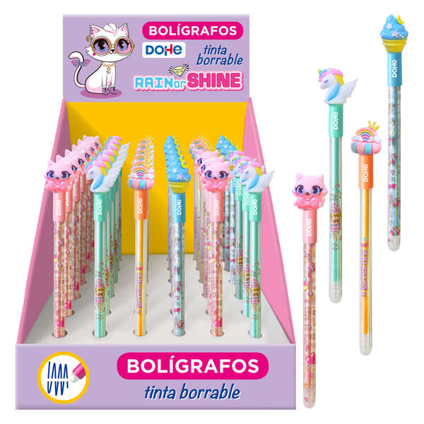 Dohe Rain or Shine Expositor de 36 Boligrafos Borrables - Punta de Bola de 1,0mm y Trazo de 0,5mm - Cuerpo de Plastico en Colores Vivos - Tapa Decorada con Motivos Rain or Shine - Tinta Azul