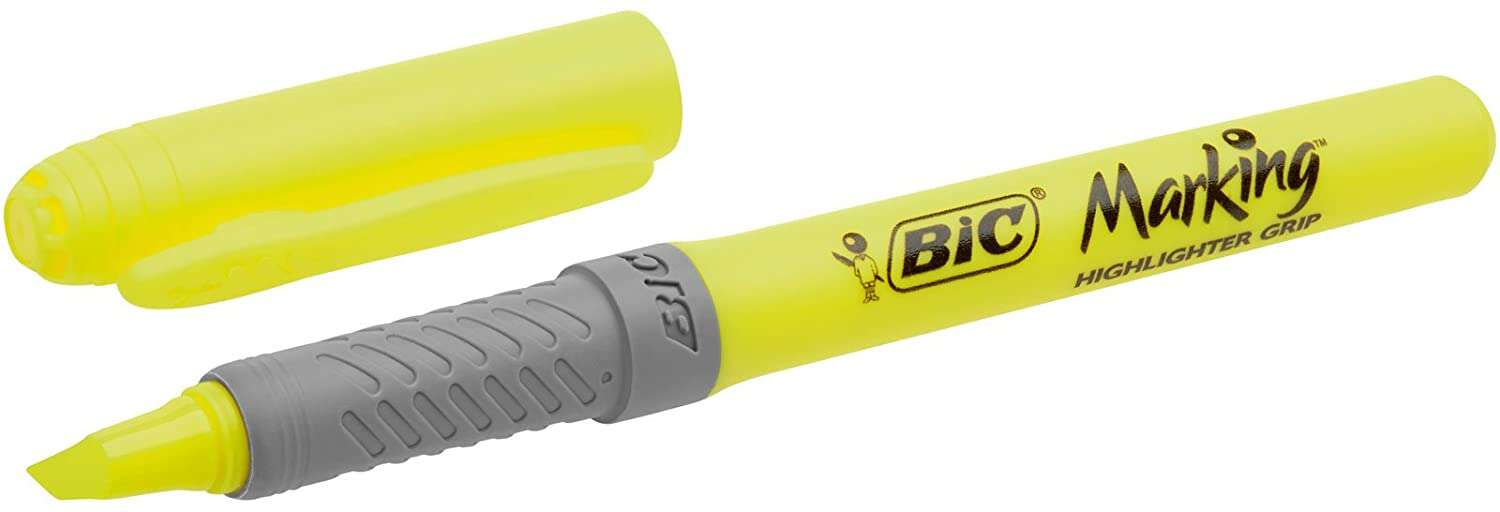 Bic Highlighter Grip Marcador Fluorescente - Tinta con Base de Agua - Punta Biselada - Trazo entre 1.60 y 3.30 mm - Color Amarillo · Pack de 12 uds.