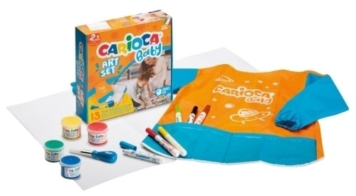 Carioca Baby Art Set Pack de Juegos con 12 Productos para Bebes - 1 Hoja de Papel, 1 Delantal Impermeable, 1 Cepillo Baby 2+, 4 Pinturas de Dedos 2+, 6 Marcadores Baby Valorous 2+ - Colores